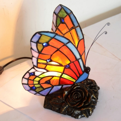 Butterfly Small Table Lamp Single Tiffany Glass Rustic Nightstand Light in Orange