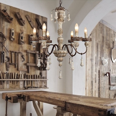 Candle Restaurant Ceiling Hang Light Rural Wood 6 Bulbs Distressed White Chandelier with/without Shade
