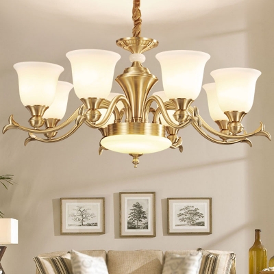 Carillon Living Room Ceiling Pendant Frosted White Glass 6/8/10-Light Modern Chandelier in Brass