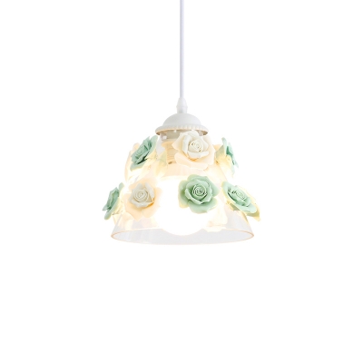 Ceramic Rose Pendant Light Fixture Korean Garden 1 Bulb Dining Room Hanging Lamp in Pink-Blue/White-Green, Small/Large
