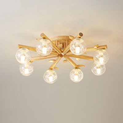 Clear Glass Ball Close to Ceiling Lamp Modern 3/5/8-Head Wood Semi Flush Light with Carved Leaf Deco
