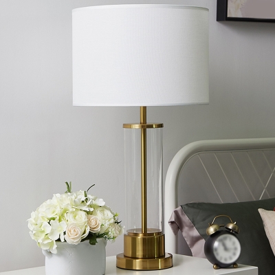 Cylinder Nightstand Light Simplicity Fabric 1-Light White/Flaxen Table Lamp with Clear Glass Column