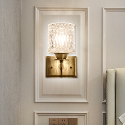 Cylindrical Lattice Glass Wall Light Post-Modern 1/2-Light Brass Finish Wall Sconce for Living Room
