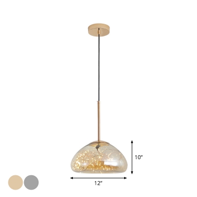 Designer Dome Pendant Lighting Blown Glass Dining Room LED Hanging Light Fixture in Gold/Chrome
