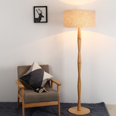 Drum Fabric Floor Lamp Nordic 1 Head Beige Standing Floor Light with Wood Pole for Living Room