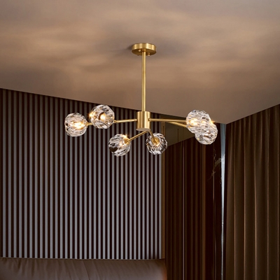 Faceted-Cut Crystal Ball Chandelier Postmodern 6/9/18-Head Living Room Ceiling Chandelier in Brass
