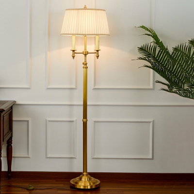 Gold Candlestick Floor Lamp Traditional Metal 2-Head Living Room Floor Light with Pleated Shade
