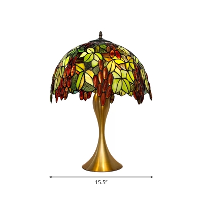 Leaf and Grape Night Lighting Mediterranean Cut Glass 1 Bulb Brass Finish Pull Chain Table Light with Domed Shade