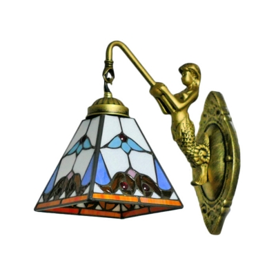 Mediterranean Mermaid Wall Hanging Light Single Metal Wall Mounted Lamp in Brass with Bell/Pyramid Stained Glass Shade