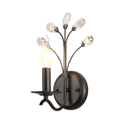 Metal Faux Candle Wall Lamp Rustic 1 Head Living Room Wall Mount Light in Black with Crystal Drop