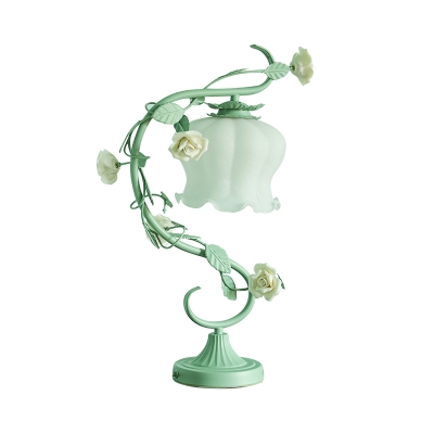 Milk Glass Blue/Green Nightstand Lamp Flowerbud 1 Head Pastoral Style Table Light with Scroll Arm