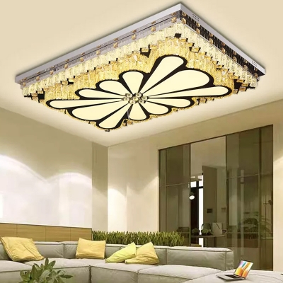 Rectangle Carved Ceiling Lamp Contemporary Cut Crystal Living Room LED Flush Mount Light in Clear