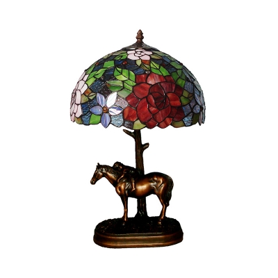 Resin Horse Nightstand Lamp Tiffany 1-Bulb Coffee Table Light with Dome Stained Art Glass Shade
