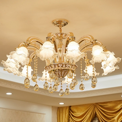 Ruffle Living Room Ceiling Chandelier Traditional Clear Glass 10/12/15-Bulb Gold Wall Mounted Lamp with Crystal Drape