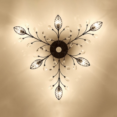 Rustic Flower Branch Ceiling Lamp 6/8/15-Head Iron Semi Flush Mount Light in Black/Gold with Crystal Accent