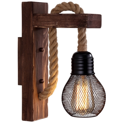 Shaded/Shadeless Hemp Rope Wall Lighting Loft Style Single Kitchen Wall Mount Fixture with Wood L Arm in Brown