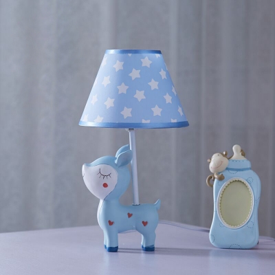 Sika Deer Table Lamp Cartoon Resin Single Bedside Night Light with Cone Fabric Shade in Pink/Blue