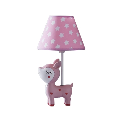 Sika Deer Table Lamp Cartoon Resin Single Bedside Night Light with Cone Fabric Shade in Pink/Blue