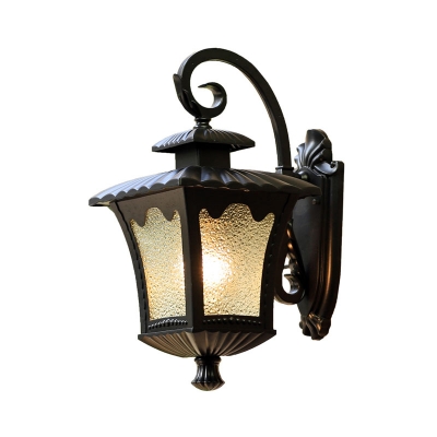 Single-Bulb Lantern Wall Sconce Country Curved Seeded Glass Wall Lamp in Black for Yard