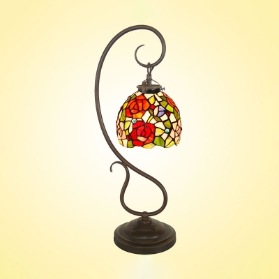 Stained Glass Red Night Lamp Rose Patterned Dome Single Tiffany Table Light with Swirl Arm