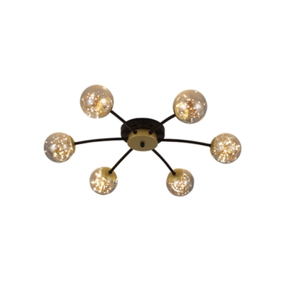 Starburst Amber Glass Ceiling Lamp Contemporary 6/8/16-Bulb Black LED Semi Flush Mount Lighting