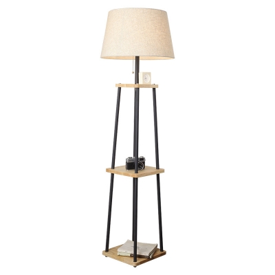 Tapered Drum Living Room Floor Reading Light Rural Fabric 1 Head Black and Wood 3-Tray Floor Lamp with Pull Chain