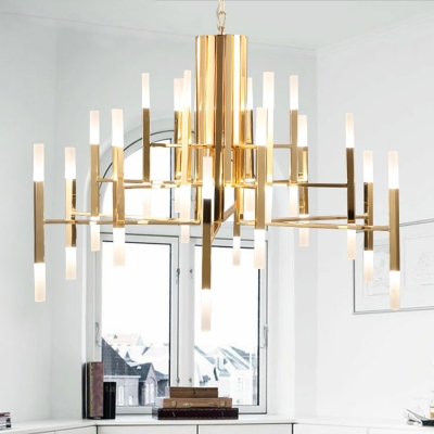 Tiered Tube Pendant Chandelier Post-Modern Acrylic 36 Bulbs Dining Room Ceiling Hang Light in White/Gold