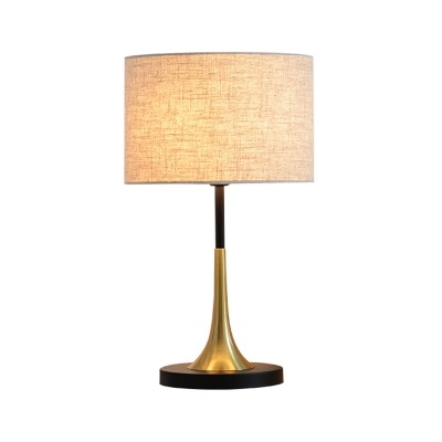 White/Flaxen Cylindrical Nightstand Light Postmodern 1 Head Fabric Table Lamp with Flared Base