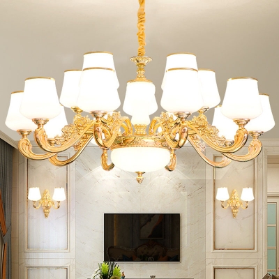 1/2/18-Bulb Chandelier Lighting Traditional Tapered White Glass Wall Lamp in Gold for Dining Room