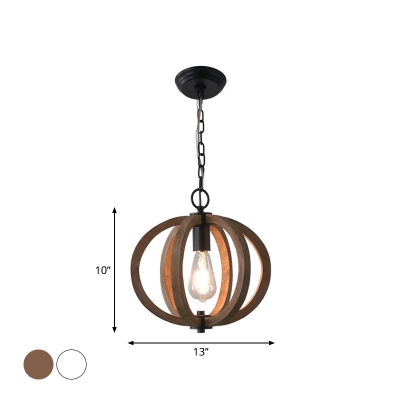 1 Bulb Ceiling Hang Light Rustic Dining Room Pendant Lamp with Pumpkin/Pear/Globe Wood Cage in White/Brown