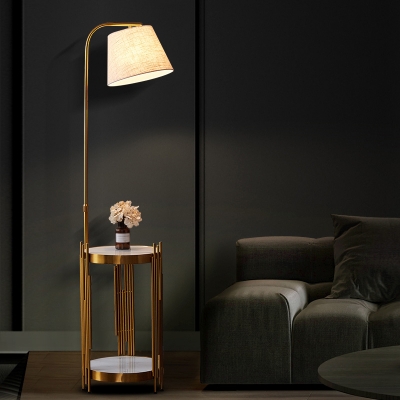 1 Head Side-Table Floor Lighting Retro Living Room Floor Reading Lamp with Tapered Fabric Shade in Gold