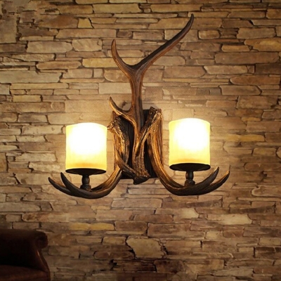 2-Bulb Resin Wall Sconce Rural Brown Antler Living Room Wall Lighting with Frost Glass Shade