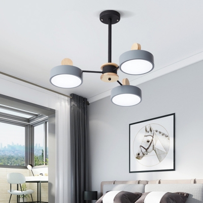 3/6/8-Light Living Room LED Chandelier Nordic Grey/White and Wood Hanging Lamp with Round Acrylic Shade
