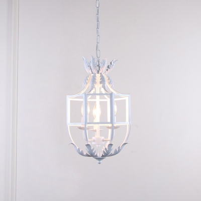 3-Head Wrought Iron Pendant Chandelier Farmhouse White/Grey Cage Bedroom Ceiling Suspension Lamp