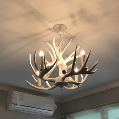 4/6/15 Lights Resin Hanging Lamp Farmhouse White/Brown Antler Bedroom Chandelier Pendant Light