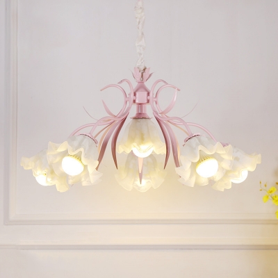 4/7/9-Bulb Chandelier Pastoral Bedroom Pendant Light with Ruffle Opal Glass Shade in Grey/Pink/White