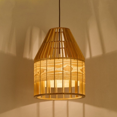 Barrel/Tapered Wooden Pendant Lamp Asian Single-Bulb Beige Pendulum Light over Dining Table