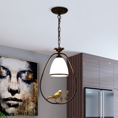 Bell Dining Room Pendant Lighting Rural Milk Glass Single Black Ceiling Lamp with Round/Oval Perch and Bird Deco