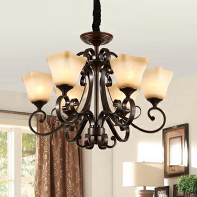 Bell Shaped Bedroom Chandelier Rural White Glass 8/10/12-Light Copper Ceiling Pendant with Scroll Arm