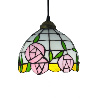 Bowl Rose-Patterned Glass Pendant Lamp Tiffany 1-Head White Suspended Lighting Fixture, 8