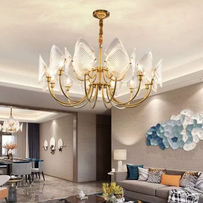 Brass 2 Tiers Pendant Lamp Postmodern Curved Glass Panel 12/15/18-Head Living Room Chandelier