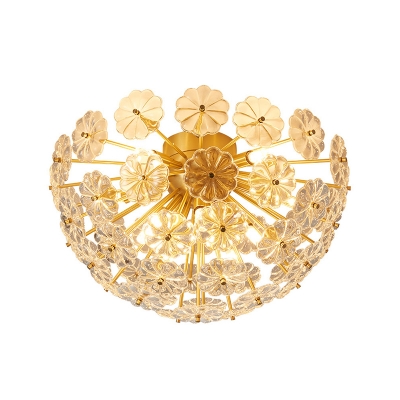 Brass Dome Shaped Ceiling Light Post-Modern 3/10/11 Heads Crystal Flower Flush Mount Fixture, 12.5
