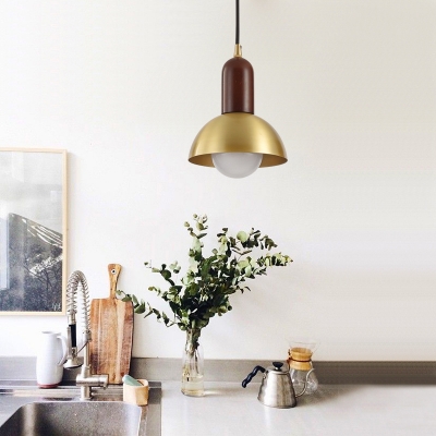 Brass Plated Bowl Pendant Lamp Post-Modern 1 Bulb Metal Ceiling Light with Wood Top, Small/Large