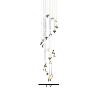 Brass Spiral Multi-Light Pendant Postmodern 10/15/20-Bulb Clear Crystal Triangle Hanging Lamp