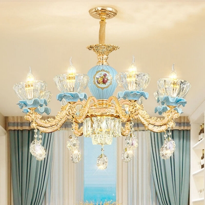 Clear Carved Glass Bowl Chandelier Traditional 6/8/15 Lights Dining Room Hanging Lamp in Gold and Blue
