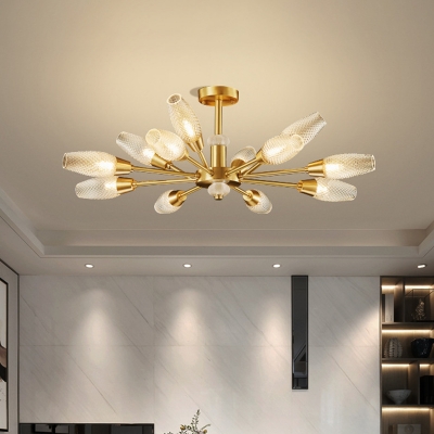 Clear Lattice Glass Tulip Chandelier Modern 9/12/15 Lights Living Room Hanging Pendant Lamp in Brass