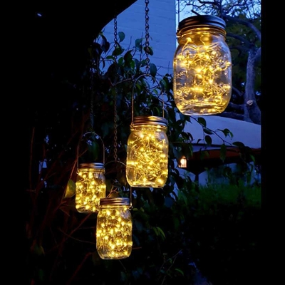 Clear Mason Jar Hanging Lamp Artistic Plastic Solar LED Pendant in Warm/Multicolored Light for Courtyard