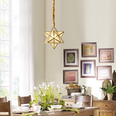 Colonial Style Star Shaped Ceiling Lamp 1 Bulb Rippled Glass Indoor Light Fixture in Gold, Flushmount/Hanging Cord