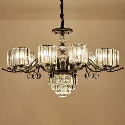 Cylindrical Crystal Prism Chandelier Vintage 12/15/18-Light Dining Room Ceiling Hang Lamp in Black