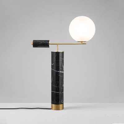 Designer Ball Shaped Night Light Milky Glass Single Living Room Table Lamp with Marble Column in Black